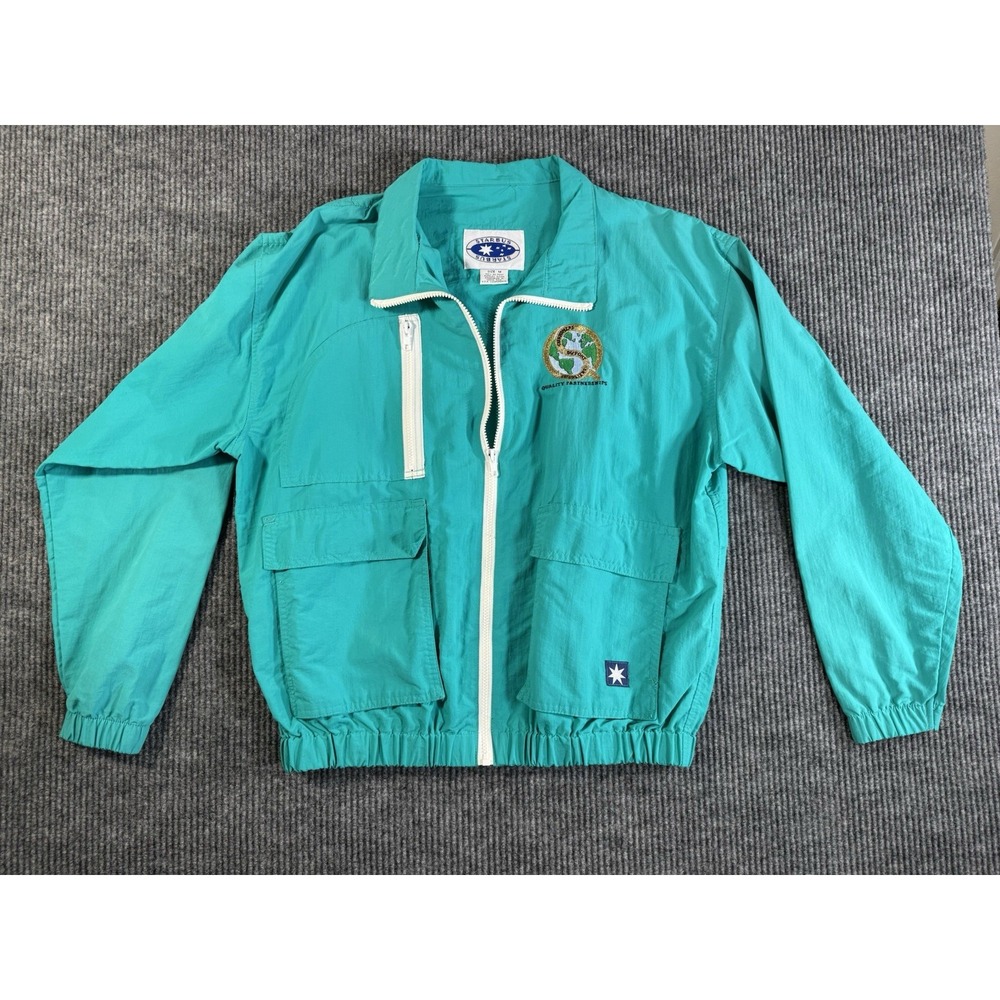 Vintage Starbus Men's Teal Windbreaker Jacket Embroidered Collared Zip-Up Size M